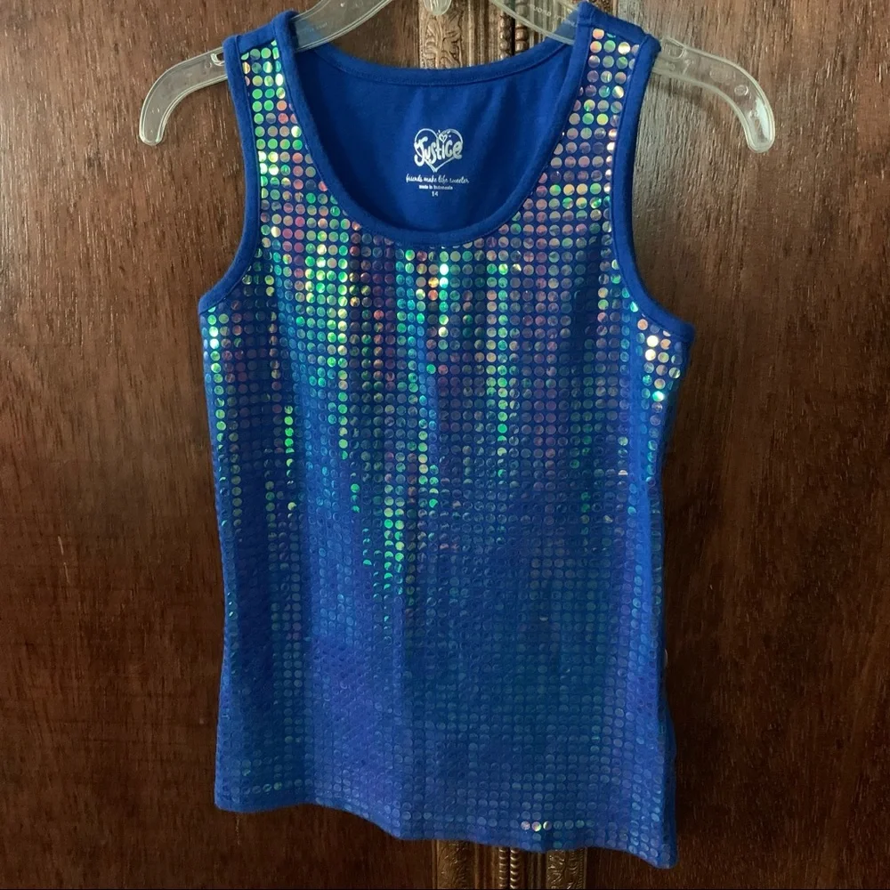 JUSTICE Sequin Top Blue Sleeveless Iridescent Mermaid Girls Size 14